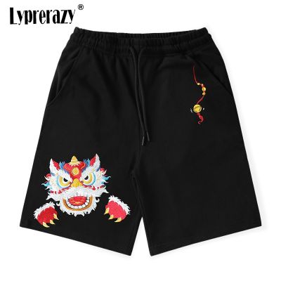 Lyprerazy Summer National Tide Awakening Lion Embroidery Casual Shorts Mens Loose Straight Sports Chinese Style Shorts
