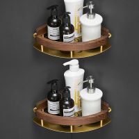 ✑●▨ Brushed Gold Bathroom Shelf Solid wood Wall Mounted Double Corner Shower Shelves Storage Rack Bathroom Accessory