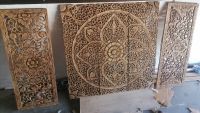 Set of Mandala Wood Carving Panel 1 panel 36 x 36 inches 2 Pcs Wooden panel 14 x 36 inches Light Brown Natural Color Wood Carving Headboard Wall Art Hanging ชุดไม้แกะสลัก ไม้ฉลุ 1 ชุดไม้แกะสลัก