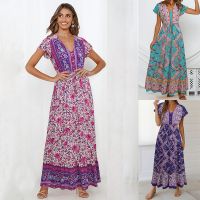 Women Boho Long Maxi Dress Floral Print V Neck Short Sleeve Summer Holiday Beach Dress Sundress High Waist