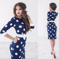 【Ladies shop】แฟชั่น DotWomen OfficeSlim Bodycon FormalParty Clubwear ครึ่งแขน O คอเข่า LengthVestidos Bow