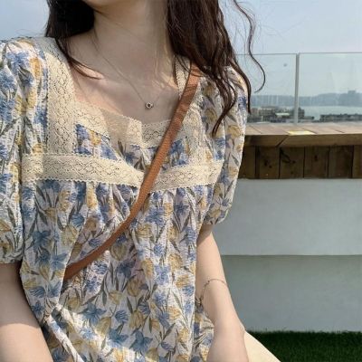 2023 Summer Korean Style Loose Chiffon Short-Sleeved Top Womens Floral Doll Shirt With Floral Collar Design Sense Shirt For Small Men