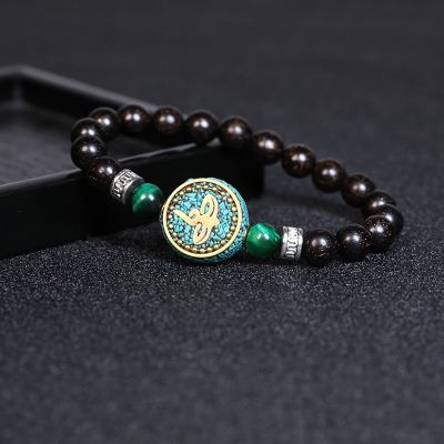 8MM Turquoise Tigers Eye Buddha Beads and Wood Beads Golden Symbol Bracelet