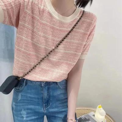 Summer 2023 New Cotton Knitted Short-sleeved Womens Half-sleeved T-shirt Contrast Color Loose Round Neck Design Niche Top 2023