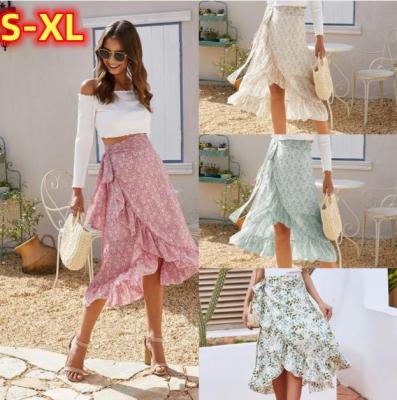 【CC】♗♤  Ladies Floral Print Skirt Waist Tied Wrap Ruffle A Split Woman Skirts Female