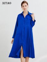 XITAO Dress Long Sleeve Casual Asymmetrical Pleated Shirt Dress