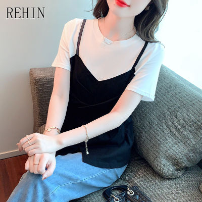 REHIN ผู้หญิงฤดูร้อนใหม่แฟชั่นการเย็บปะติดปะต่อกันแขนสั้นเสื้อยืดคอกลมเสื้อหรูหรา