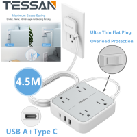 TESSAN Slim Flat Plug สายต่อ 4.5 ม. รางปลั๊กไฟพร้อม USB C 4 ช่องกว้าง 3 ช่องชาร์จ USB (1 พอร์ต USB C) 15 ฟุตซ็อกเก็ตสายเคเบิลเดสก์ท็อปสถานีชาร์จไฟ Wall Mount Compact Cruise เครื่องใช้สำนักงานการเดินทางหอพักต้องมี