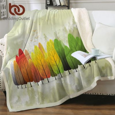（in stock）BeddingOutlet Sherpa Tree Blanket Seasonal Changes Landscape Blanket Koce Cherry Pink Blanket Watercolor Bed Cover（Can send pictures for customization）