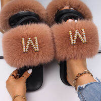 2021Women Fluffy Flip Flops Pearl Letter Faux Fur Slides Female Elegant Outdoor Slippers Luxury Designer Fur Sandals Casual Shoes