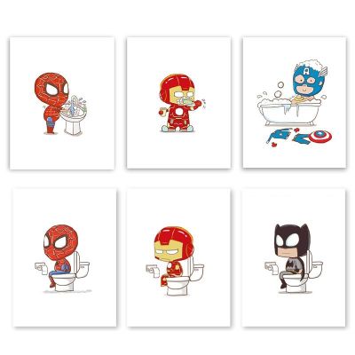 ○☂ Marvel การ์ตูนซูเปอร์ฮีโร่ Spider Man Iron Man โปสเตอร์ตกแต่งห้องน้ำเด็กของขวัญเด็กผ้าใบภาพวาดตลกห้องน้ำ WC Sign Art พิมพ์