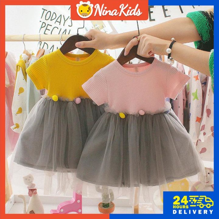 0-4-years-ready-stock-dress-for-kids-baby-girls-summer-short-sleeve-net-yarn-colored-balls-close-the-waist-cotton-dress