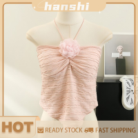 hanshi [2023 new HOT FASHION] lazlook เสื้อกล้ามสายเดี่ยวคล้องคอลายดอกไม้สุดฮอตสำหรับผู้หญิงเสื้อแขนกุดสีพื้นเสื้อเข้ารูปแบบไม่สม่ำเสมอฤดูร้อน