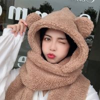 Lamb Velvet Hat Woman Winter Warm And Cold Hooded Scarf Gloves 3-in-1 Sets Female Cute Bear Ear Protection Cotton Cap With Ears