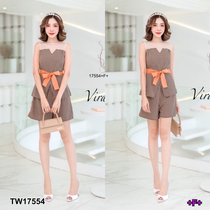 tw17554-set-2-ชิ้น-เสื้ออกหยักลายชิโนริ-มีเชือกผูก-กางเกงขาสั้นลายชิโนริ