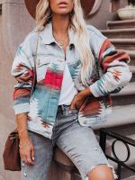 ZZOOI Fitshinling Harajuku Vintage Womens Denim Jacket Geometric Print Autumn Winter Jeans Coat Female Slim Fashion Outerwear 2022