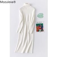 Mozuleva Elegant Warm Half Turtleneck Ladies A-line Sweater Dress Full Sleeve Slim Waist Women Knitted Mid-Calf Vestidos Autumn