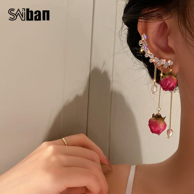 Saiban925 เงินเข็มมุกจำลองดอกกุหลาบต่างหูหูกระดูกคลิปหนึ่งต่างหูเพทาย Rhinestone พู่ต่างหู925 Silver Needle Pearl Simulation Rose Flower Earrings Ear Bone Clip One Earrings Zircon Rhinestone Tassel Earrings