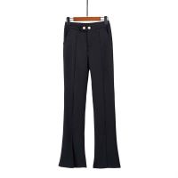 CODiy085671 Free Shipping✌Black Slit Bell-Bottom Pants Womens Spring Clothing High Waist Slimming Pants Fashion Double Buckle Drape