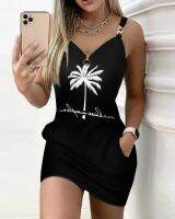 【YF】 Womens Dresses 2023 Summer Fashion Coconut Tree Print Chain Decor Casual V-Neck Sleeveless Daily Vacation Mini Straight Dress