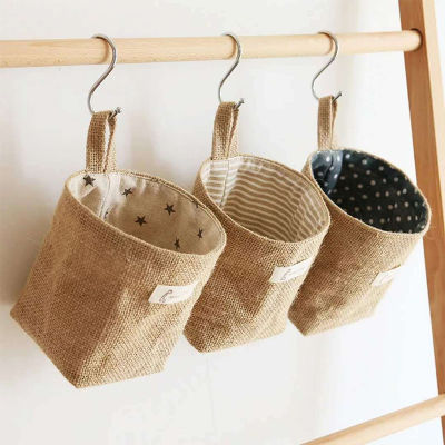 Jute Cotton Linen Bag Desktop Storage Basket Hanging Pocket Small Sack Sundries Storage Box With Handle Cosmetic Storage Bag