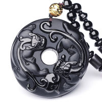 Natural Obsidian Double Pixiu Fengshui Pendant Necklace Lucky Amulet Black Jades Brave Troops Pendants Men Women Healing Jewelry