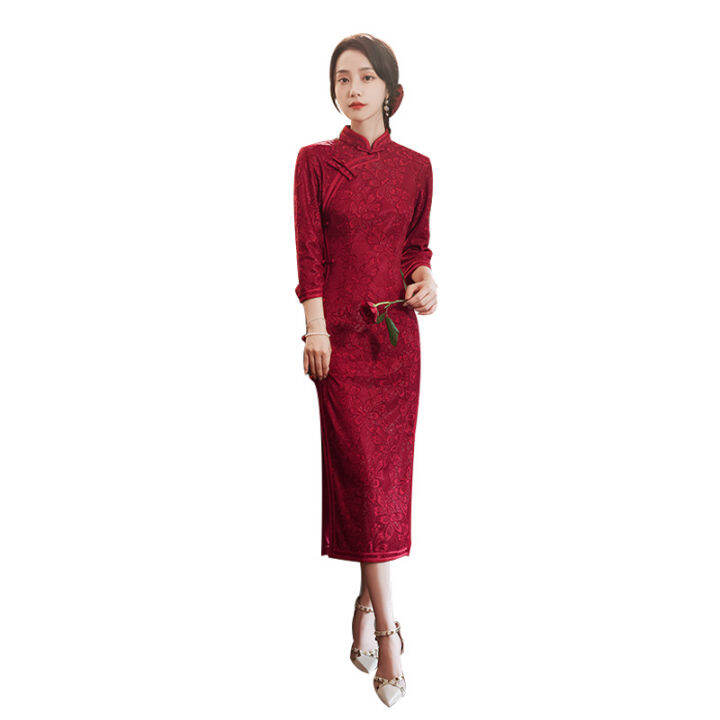 2021-composite-lace-burgundy-cheongsam-ชุด-retro-ปรับปรุงจัดเลี้ยงชุดเพื่อนเจ้าสาว-cheongsam