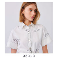 [asava rs23] Asava Signature Shirt เสื้อเชิ้ตผู้หญิง แขนสั้น ปกเชิ้ต แต่งกระดุมด้านหน้า ปักลายกระต่าย