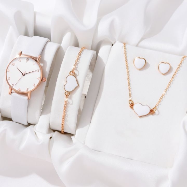 เซ็ตนาฬิกาแฟชั่น4ชิ้นชุดสร้อยสตรีต่างหูสร้อยข้อมือนาฬิกาข้อมือสีขาวสายหนังนาฬิกาควอทซ์สุภาพสตรี
