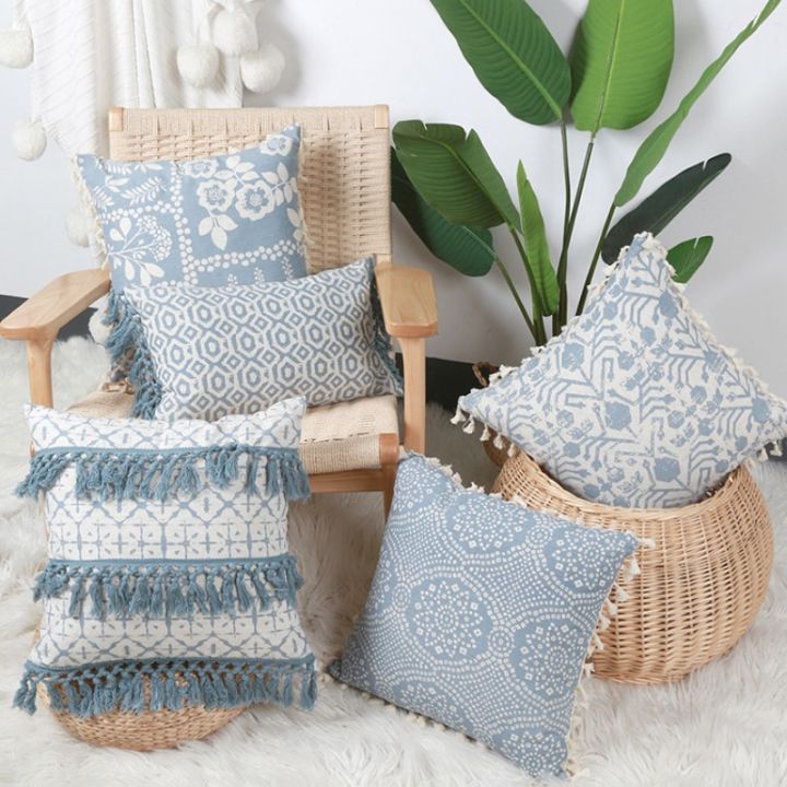 Blue Flower Print Tassel Cushion Cover Cotton Crocheted Pillowcase ...