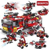 806 Pieces of Firefighting 8-in-1 Truck Car Helicopter Ship Building Blocks City Firefighter Childrens Toy