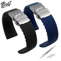 B&amp;G สายนาฬิกา Silicone Strap เเบบนิ่ม สีดำ สายยางซิลิโคน ลายเส้นตรงสี่เส้นแนวยาว มีขนาด 18 mm, 20 mm และ 22 mm ให้เลือก แถมเครื่องมือถอดสายและสปริงบาร์ 1 คู่