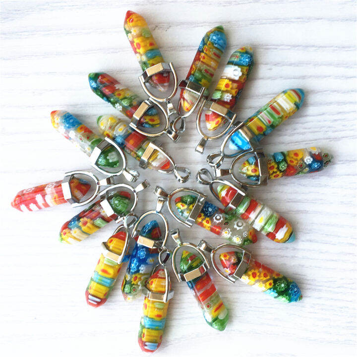 hot-thousand-flowers-glass-pillar-pendants-fashion-healing-charms-bullet-pendulum-necklace-making-accessories-wholesale-24pcs