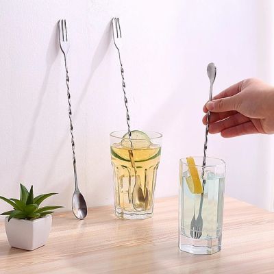 1Pc Stainless Steel Long Handle Bar SpoonDouble-ended Stainless Steel Cocktail Fork Spoon Spiral Long Handle Cocktail Drink Mixer