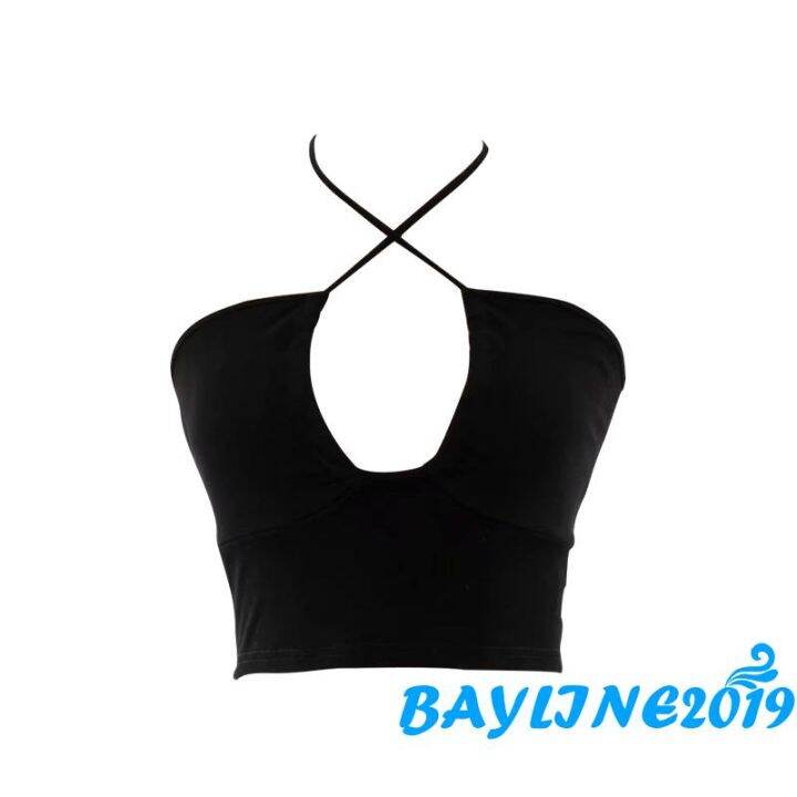 bay-เสื้อครอปแขนกุดสีพื้นเซ็กซี่สําหรับผู้หญิง