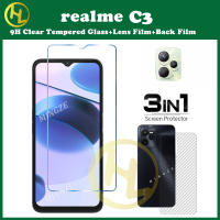 (3in1) สำหรับ OPPO Realme C3ฟิล์มปกป้องหน้าจอกระจกเทมเปอร์แบบเต็มหน้าจอ + ฟิล์มด้านหลังคาร์บอนไฟเบอร์ + กล้องฟิล์มเลนส์ Realme 5i 6i 6 5 Pro 8 9 10 5G 4G 8Pro 9i C12 C15 C17 C20A C21 c25 C25S C25Y C30 C35 C31 C33