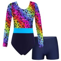 ◎❡卐 Children Girls Ballet Dance Skating Gymnastics Leotard Dancewear Swimwear Sportswear Long Sleeve Print Bodysuit with Shorts