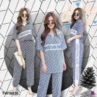 TW16830 # สาวอวบ Set2ชิ้น เสื้อแขนสั้นซิปรูด+กางเกงขายาวจั้มปลายขา สกรีนโลโก้