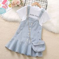 CUI YI SHOP denim suspender suit 2023 new short-sleeved two-piece summer childrens dress little girl