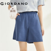 GIORDANO ผู้หญิง ผ้าฝ้ายลินินธรรมชาติทอสีทึบเอวยางยืดกางเกงขาสั้นลำลองบาง Free Shipping 05403323