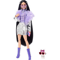 Barbie Extra Doll and Accessories with Black Hair, Lavender Lips, Metallic Silver Jacket and Pet Dalmatian Puppy HHN07 ตุ๊กตาบาร์บี้ ขนสีดํา ริมฝีปากลาเวนเดอร์ แจ็กเก็ตเมทัลลิก สีเงิน สําหรับสัตว์เลี้ยง สุนัขดัลเมเชียน HHN07