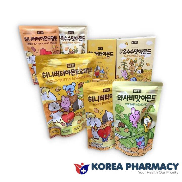 BT21 Honey butter Almond, Wasabi Almond, Baked Corn Almond, Honey