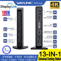 WAVLINK 13-In-1 แท่นวาง USB C,Triple Monitors extension hub พร้อมการชาร์จ 100W PD, 4K HDMI, 2K HDMI, DVI, 4xUSB 3.0, 2xUSB C, LAN, Audio/Mic, Thunderbolt 4/3 Dock สำหรับ M1/M2 Macbook Air /Windows