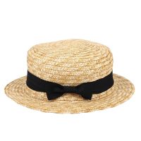 2X Cute Child Girls Straw Hat Bowknot Sun Hat Kids Large Brim Beach Summer Boater Beach Ribbon Round Flat Top Fedora Hat