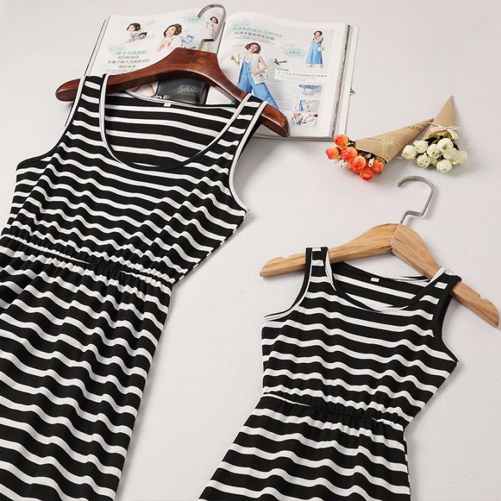 yf-2021-summer-family-matching-outfits-strip-mother-daughter-long-dresses-for-women-tank-maxi-sexy-fashion-dress-mom-girls-clothing