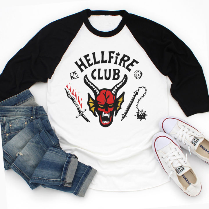 in-stock-hellfire-club-baseball-tee-34-แขนสามส่วนหัววัวรุ่นใหม่สไตล์ยุโรปและอเมริกาเสื้อกว้าง