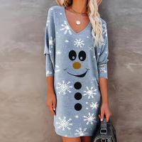 COD DSFGRDGHHHHH Autumn Smiley Christmas elk Print Lady A-Line Dress Spring Elegant V Neck Long Sleeve Dress New Women Casual Beach Dress