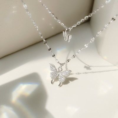2022 Fashion Women Stainless Steel Hip Hop Animal Butterfly Double Layer Clavicle Chain Crystal Diamond Pendant Chain Jewelry Gi