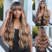 Chocolate Brown Highlight Synthetic Wigs Long Curly Wave Hair Wig With Bangs for Women Heat Resistant Honey Brown Cosplay Hair [ Hot sell ] Decoration Center