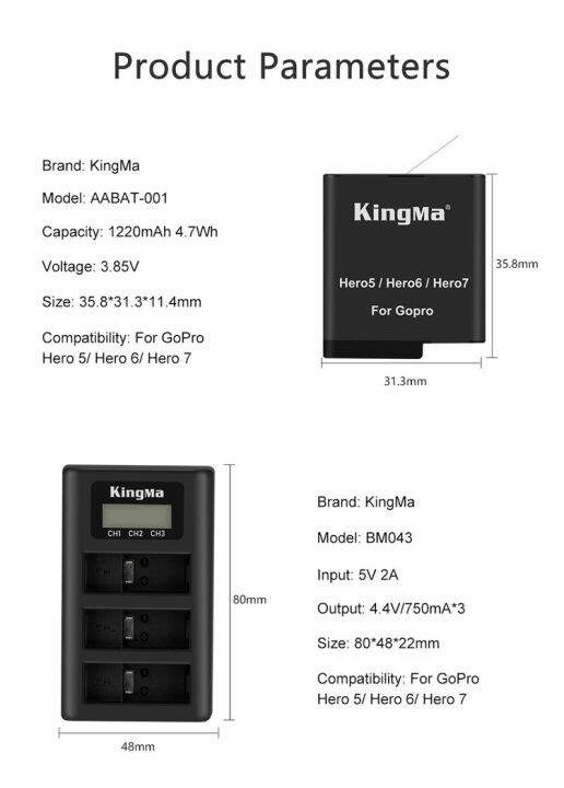 kingma-gopro-hero-7-6-5-battery-gopro-charger-และแท่นชาร์จแบบ-3-ช่องชาร์จ-ยี่ห้อ-kingma